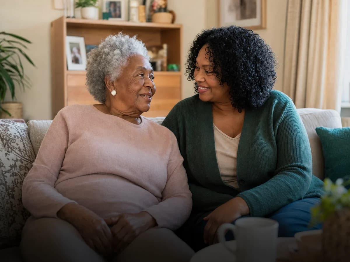 Two older adults sharing a relaxed moment together at home